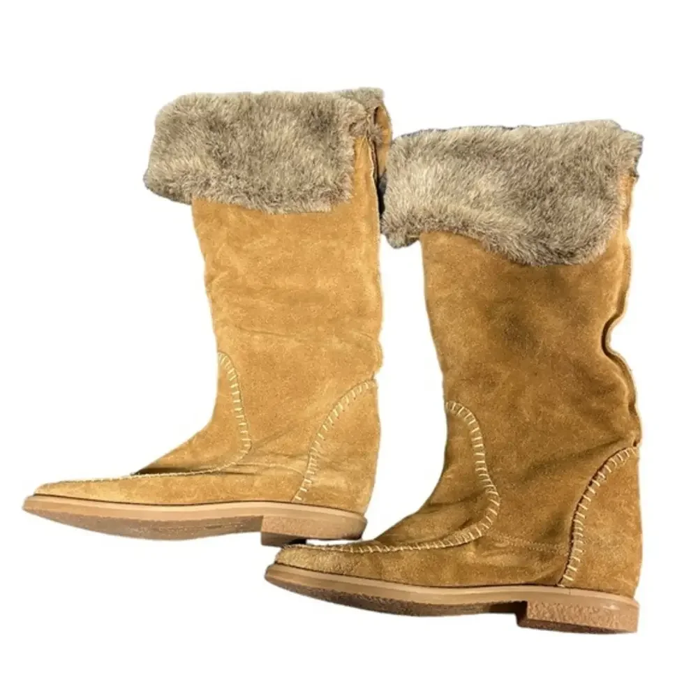 Jack Rogers‎ Womens Suede Faux Fur Trim Tall Boots Tan Whipstitch Winter 7M